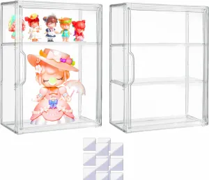 Attelite Acrylic Display Cases for Collectibles, 2 Pack 3 Layer Clear Display Case with Magnetic Door,Desktop Clear Showcase with 2 Adjustable Divider Storage Box for Action Figure