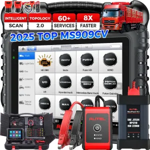 Autel MaxiSYS MS909CV Top Truck Scanner, 2025 Up of MS908CV II Diesel Vehicle Heavy Duty Diagnostic Tool, Motor TruSpeed, Topology 2.0, J2534 ECU Programmer Coding Bidirectional 64  Reset