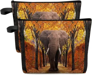 Autumn Elephant Pathway Covered Dried Deciduous Tree Leaves Cosmetic Bags for Women, Romantic Fall Season Small Makeup Bag for Purse, Waterproof Travel Toiletry Bag Organizer, 2PCS