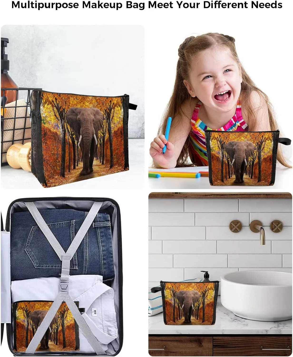 Autumn Elephant Pathway Covered Dried Deciduous Tree Leaves Cosmetic Bags for Women, Romantic Fall Season Small Makeup Bag for Purse, Waterproof Travel Toiletry Bag Organizer, 2PCS