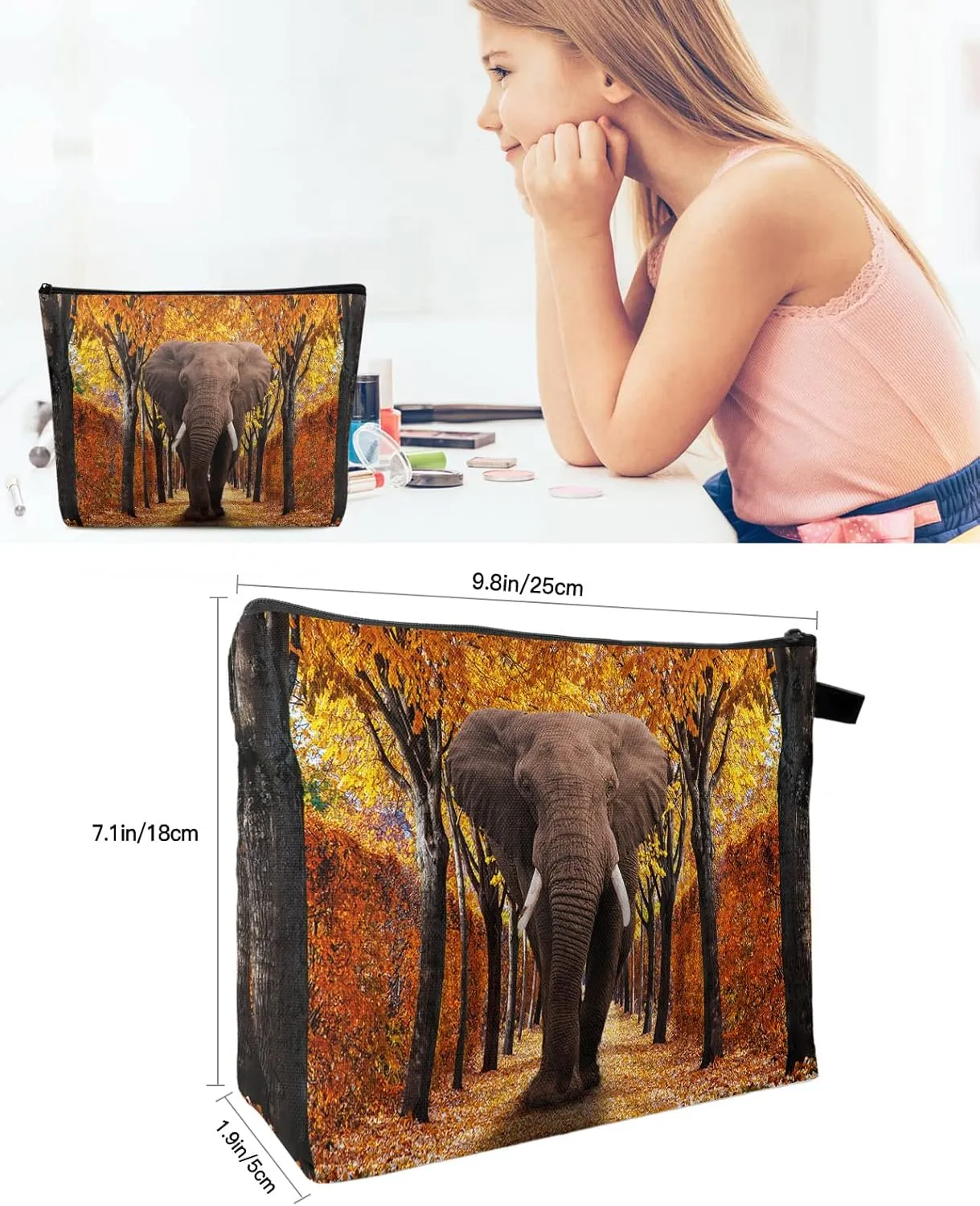 Autumn Elephant Pathway Covered Dried Deciduous Tree Leaves Cosmetic Bags for Women, Romantic Fall Season Small Makeup Bag for Purse, Waterproof Travel Toiletry Bag Organizer, 2PCS