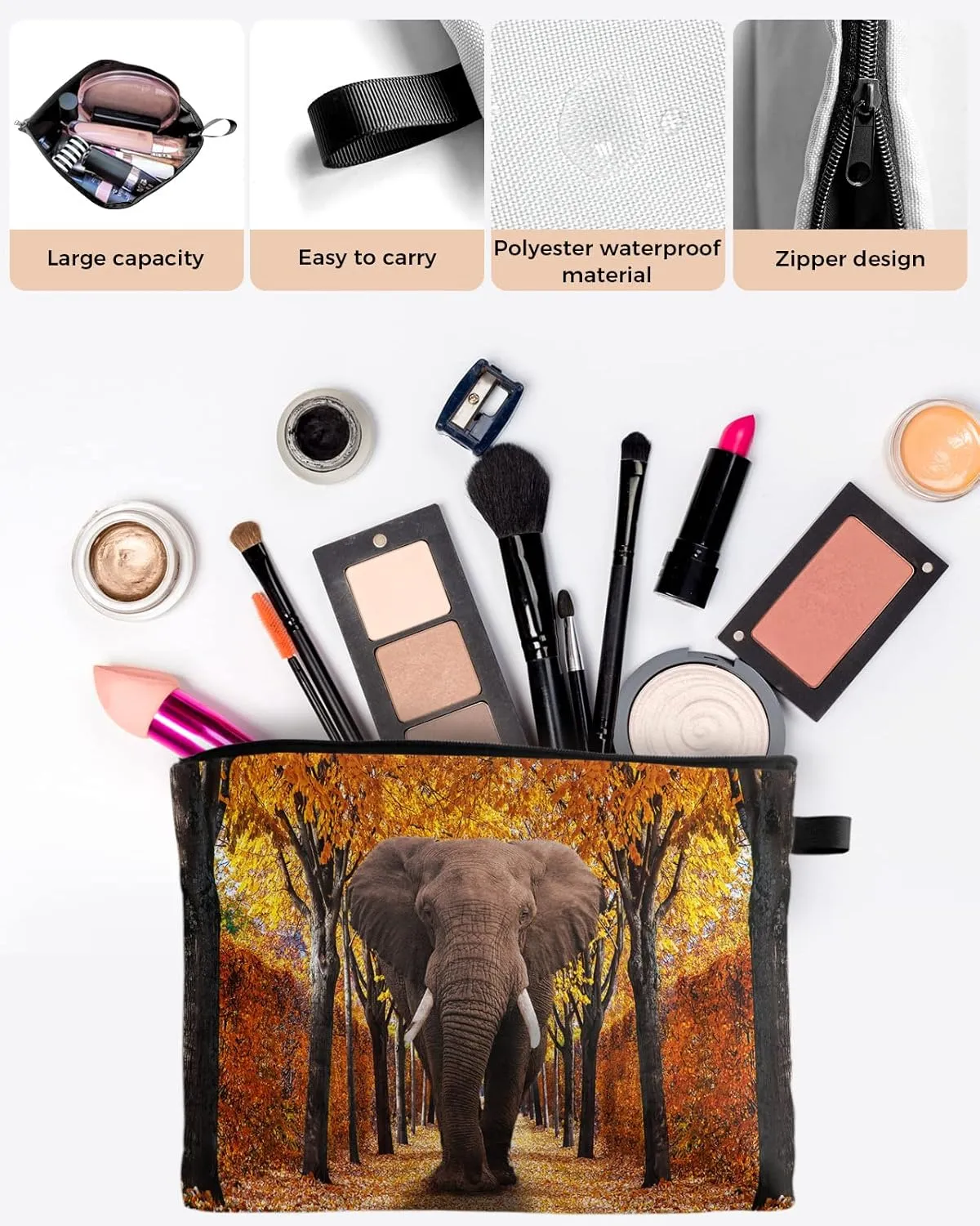 Autumn Elephant Pathway Covered Dried Deciduous Tree Leaves Cosmetic Bags for Women, Romantic Fall Season Small Makeup Bag for Purse, Waterproof Travel Toiletry Bag Organizer, 2PCS