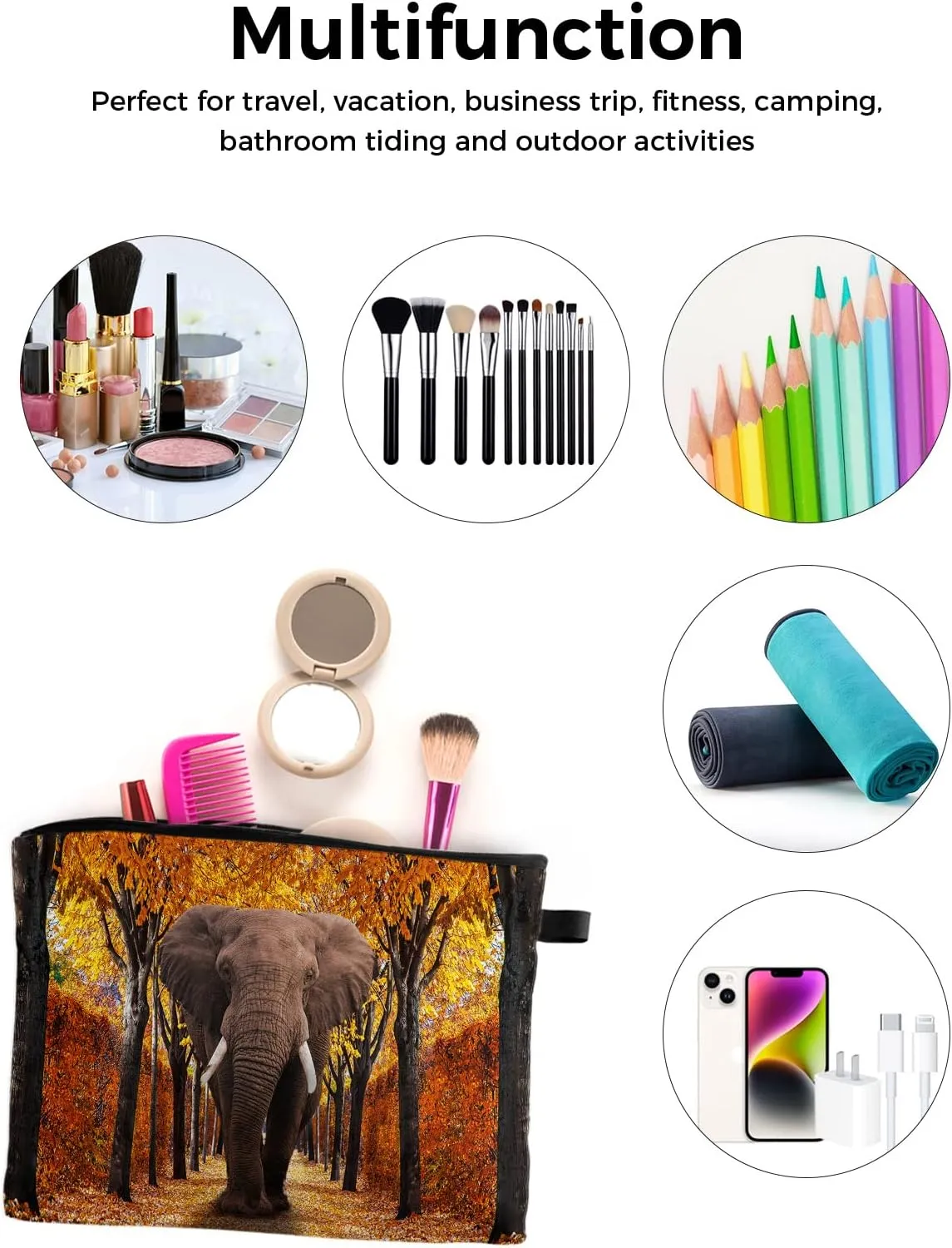 Autumn Elephant Pathway Covered Dried Deciduous Tree Leaves Cosmetic Bags for Women, Romantic Fall Season Small Makeup Bag for Purse, Waterproof Travel Toiletry Bag Organizer, 2PCS