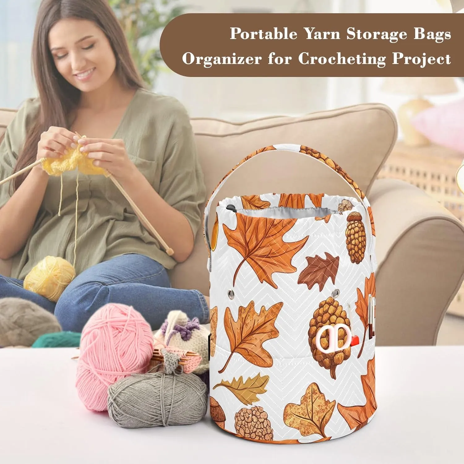 Autumn Leaves and Acorns Knitting Bag Small Crochet Bag Organizer Crochet Bag Organizer for Travelling