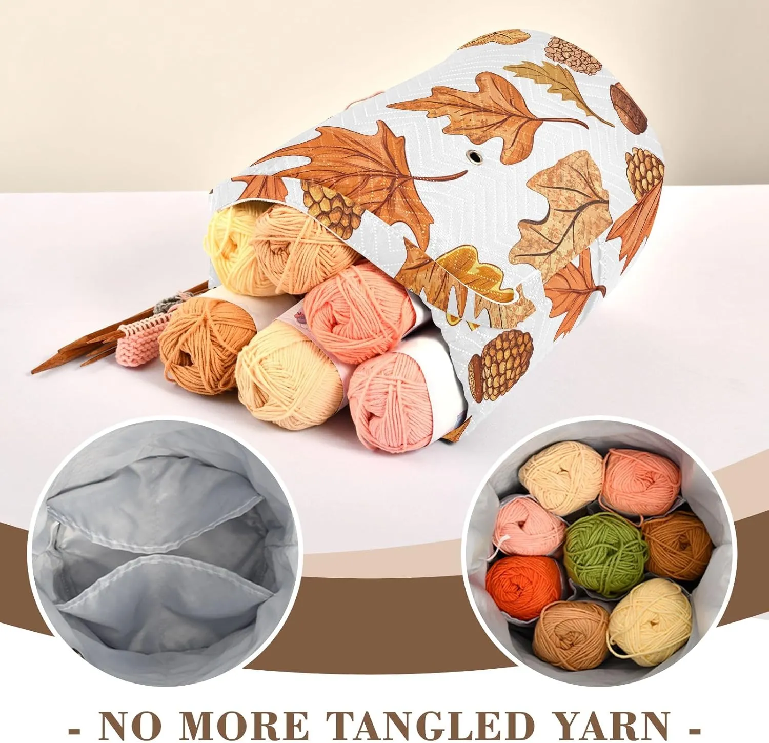 Autumn Leaves and Acorns Knitting Bag Small Crochet Bag Organizer Crochet Bag Organizer for Travelling