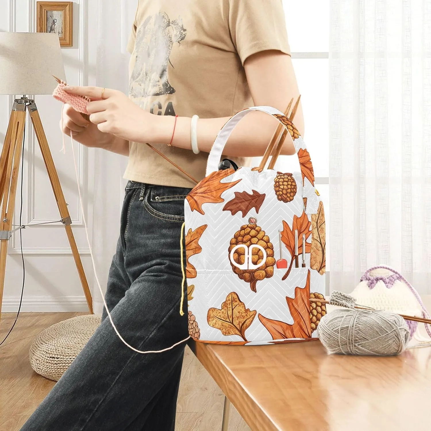 Autumn Leaves and Acorns Knitting Bag Small Crochet Bag Organizer Crochet Bag Organizer for Travelling