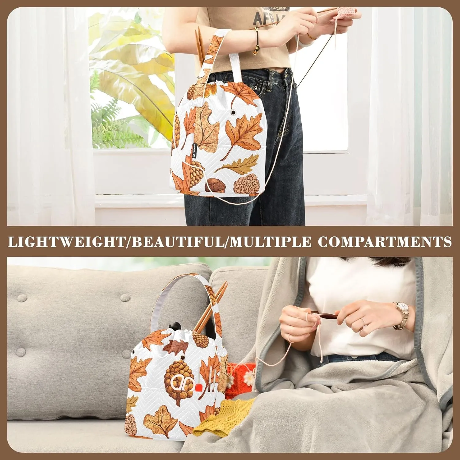 Autumn Leaves and Acorns Knitting Bag Small Crochet Bag Organizer Crochet Bag Organizer for Travelling