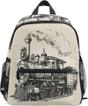 AUUXVA Kids Backpack for Boys Girls Vintage Steam Locomotive Train Toddler Backpack Travel Elementary Kindergarten Preschool Bookbag with Chest Strap
