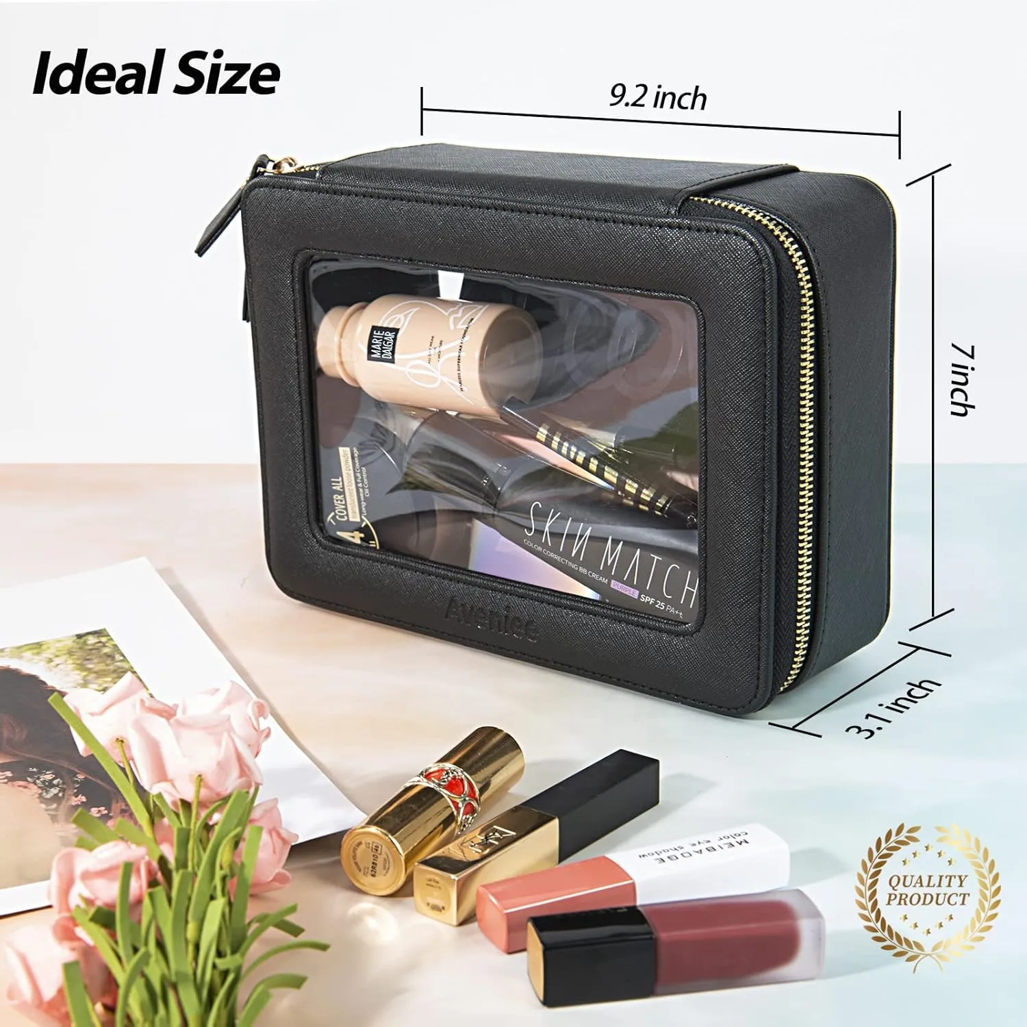 Aveniee Clear Makeup Bag Organizer, Portable Travel Toiletry Cosmetic Bag Case for Women, Heavy Duty Make Up Pouch with Transparent Vinyl Windows & Gold Zippers(Black)
