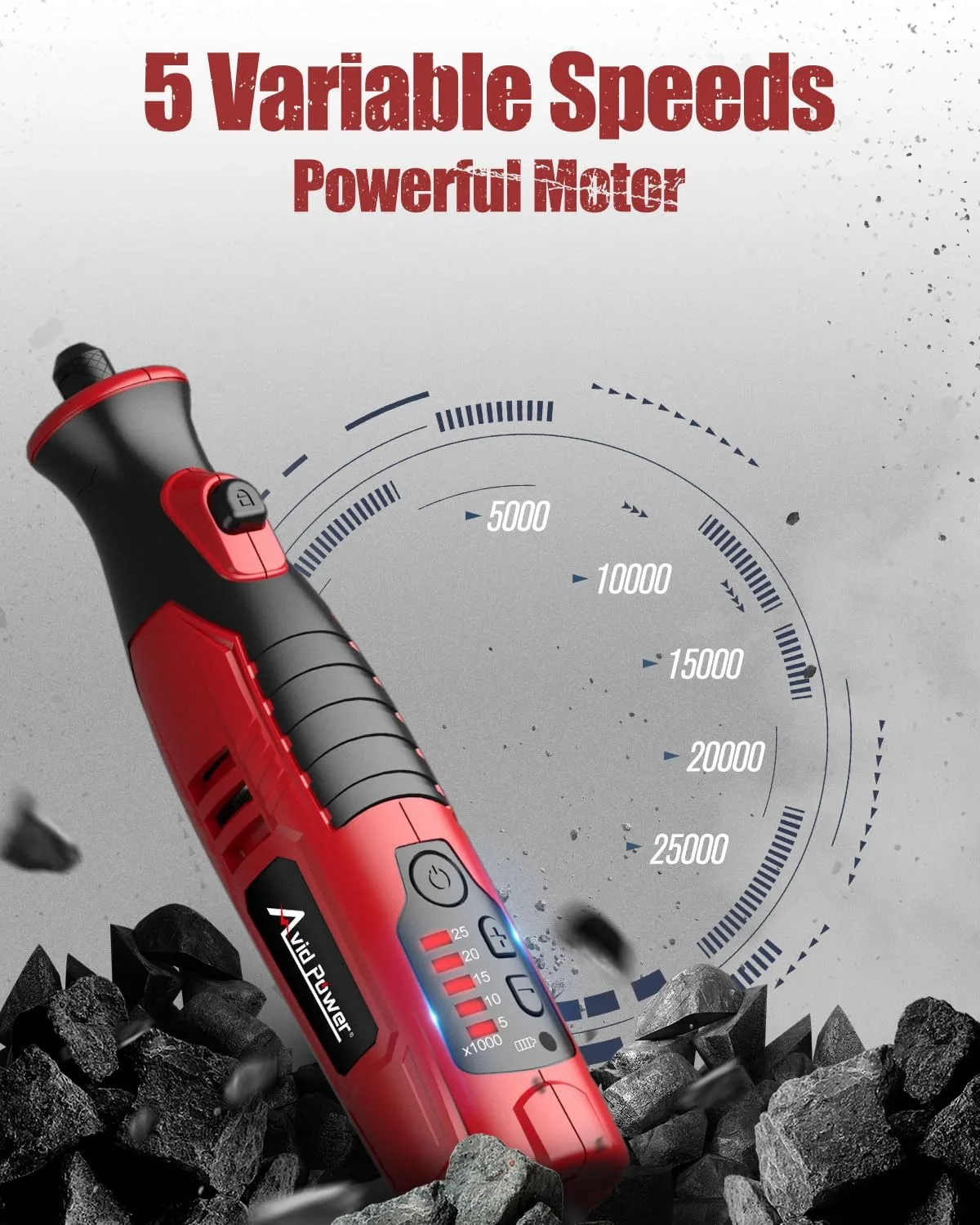 AVID POWER Cordless Rotary Tool 2.0 Ah 8V Rechargeable Rotary Tool, 4 Front LED Lights, 5 Speeds, 60 Pcs Rotary Tool Accessories with Bag for Carving, Engraving, Sanding, Polishing and Cutting - Red