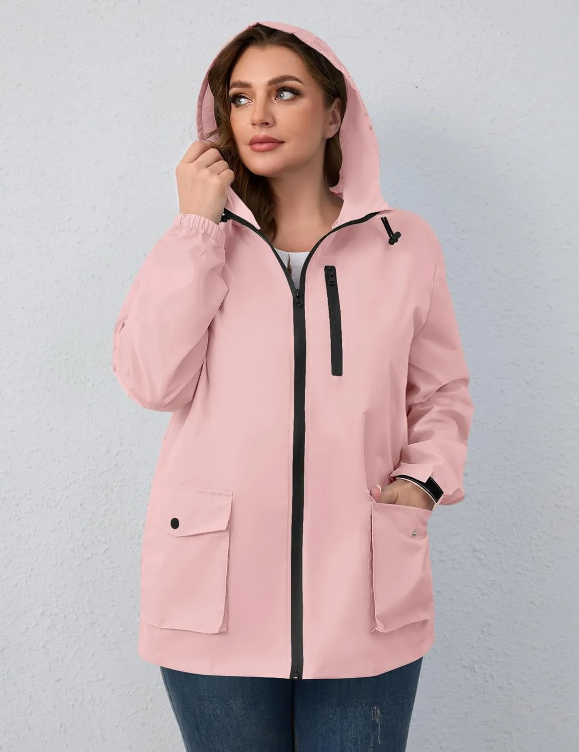 Avoogue Plus Size Womens Rain Jacket with Hood,Packable,Lightweight,Windbreaker,Waterproof Thin Jackets,Hiking,Travel