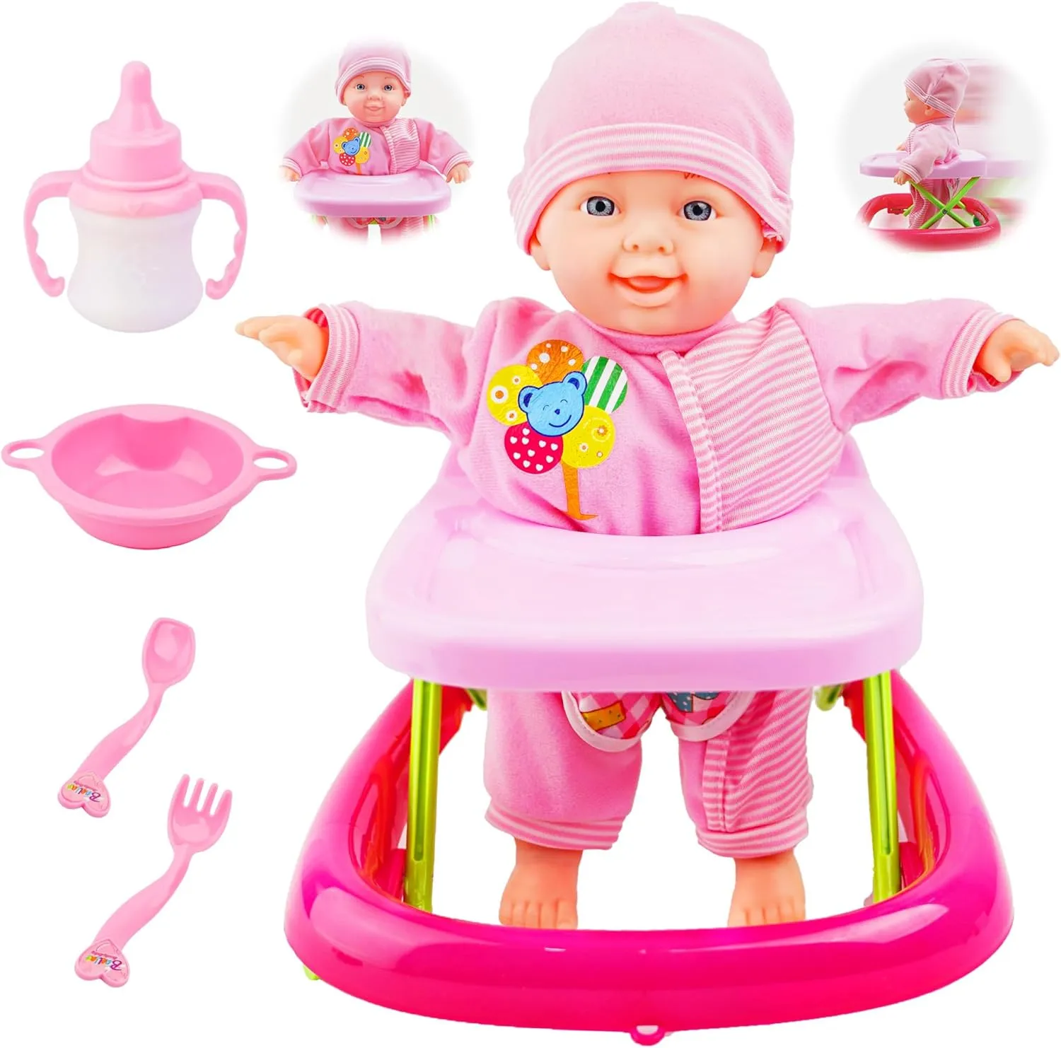 Baby Doll and Baby Walker Set, Learn to Walk Baby Dolls Soft Body Posable & Walking Dolls, Baby Doll with Wheeled Walker Cart and Accessories, Toys Gifts for Toddlers 2 3 4 5 