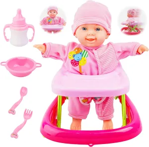 Baby Doll and Baby Walker Set, Learn to Walk Baby Dolls Soft Body Posable & Walking Dolls, Baby Doll with Wheeled Walker Cart and Accessories, Toys Gifts for Toddlers 2 3 4 5 