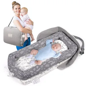 Baby Lounger Diaper Bag for Newborn: Portable Foldable Travel Nest Bed for Infants Toddler 0-12 Months 100% Cotton Breathable - Indoor & Outdoor Use (Grey-Plant)