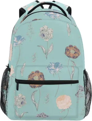 Backpack Floral Flower Rose Peony Country Garden Blue Plant Daypack Shoulder Bag with Name Label Tag for Travel Hiking Sports Gym Casual Camping