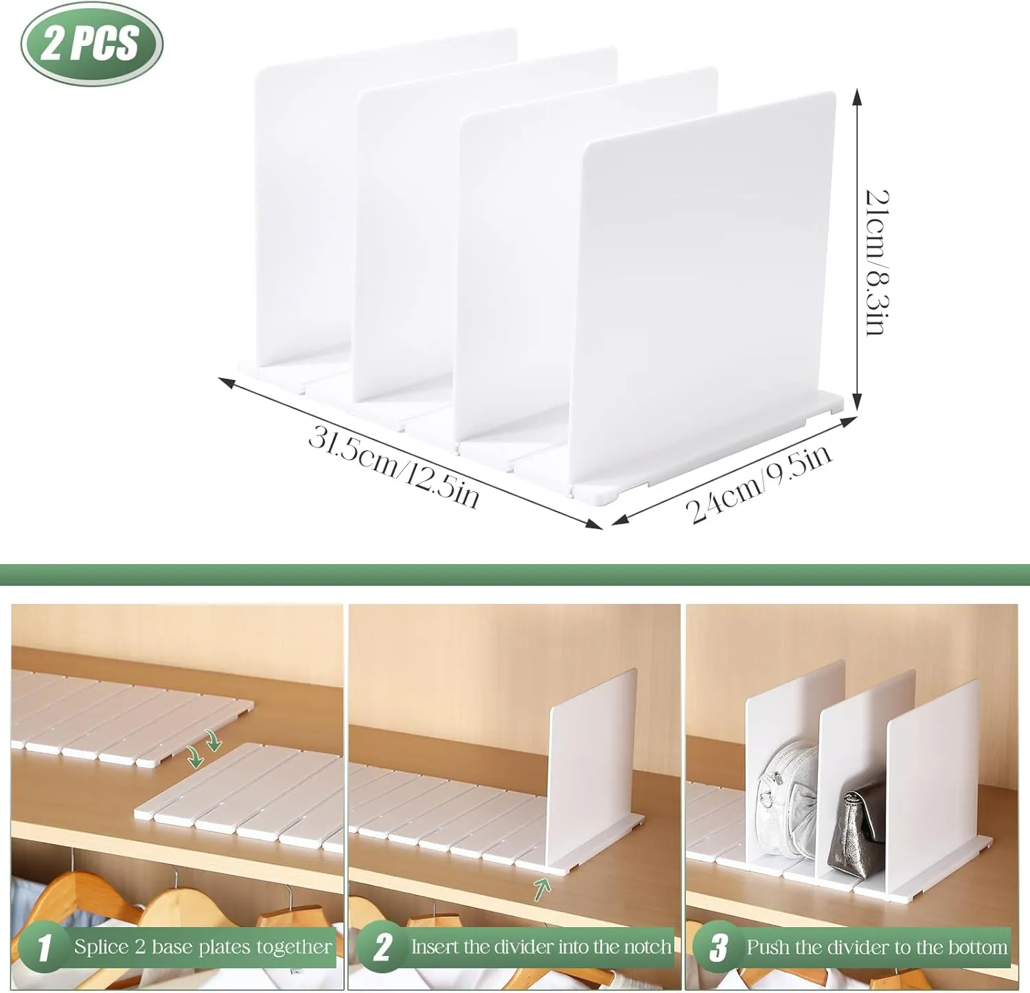 Bag & Purse Organizer for Closet, 2 Pack Adjustable Shelf Divider for Closet - White Handbag Shelf Dividers Acrylic Handbag Separators Storage Organizer for Closets Bookshelf (8 Layers)
