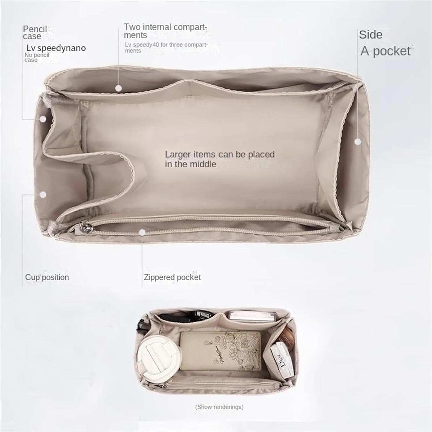 Bag organizer suitable for Lv speedy nylon storage liner bag handbag organizer plug-in wallet lining storage bag(Beige a,Foe Lv speedy 30)
