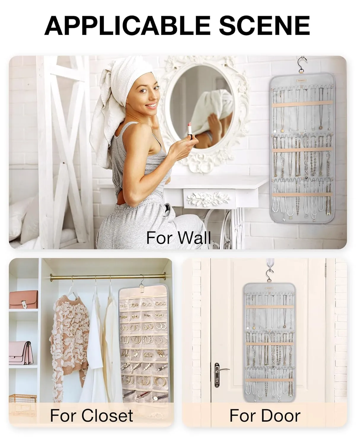BAGSMART Hanging Jewelry Organizer Storage Roll with Hanger Metal Hooks Double-Sided Jewelry Holder for Earrings, Necklaces, Rings on Closet, Wall, Door, 1 piece, Large, Grey
