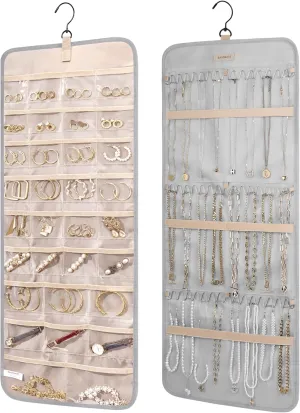 BAGSMART Hanging Jewelry Organizer Storage Roll with Hanger Metal Hooks Double-Sided Jewelry Holder for Earrings, Necklaces, Rings on Closet, Wall, Door, 1 piece, Large, Grey