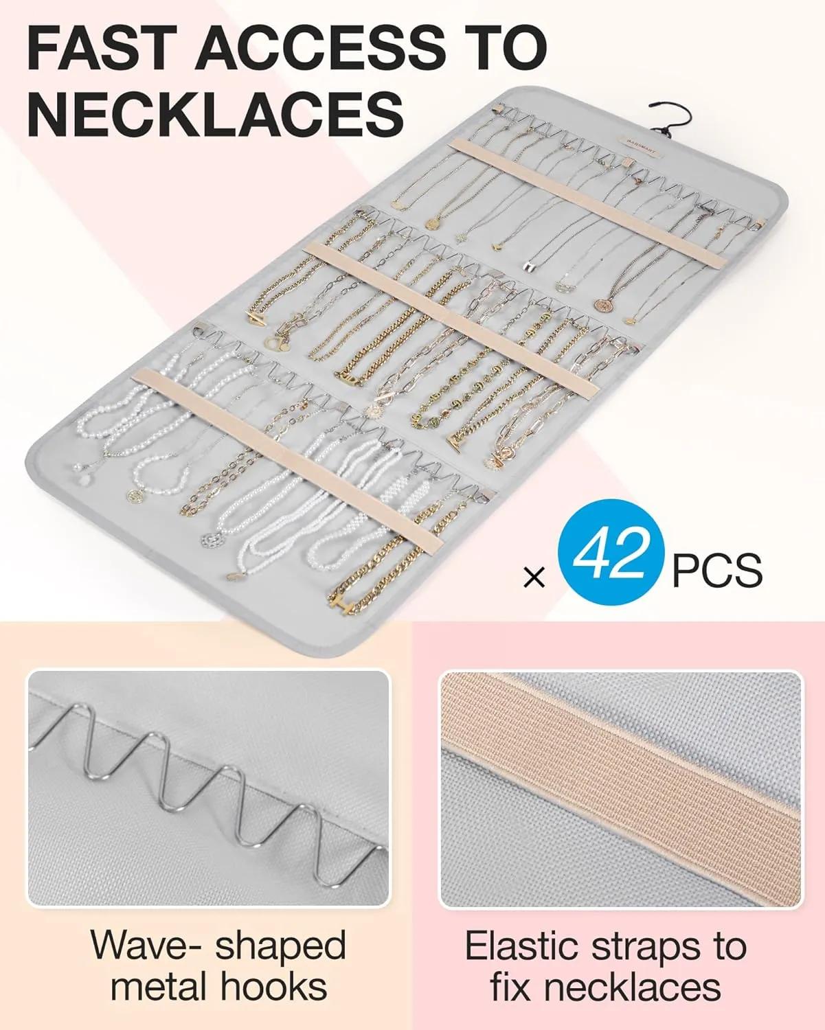 BAGSMART Hanging Jewelry Organizer Storage Roll with Hanger Metal Hooks Double-Sided Jewelry Holder for Earrings, Necklaces, Rings on Closet, Wall, Door, 1 piece, Large, Grey