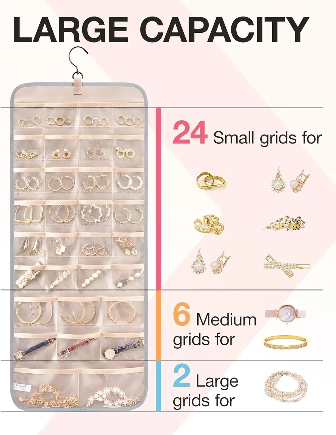BAGSMART Hanging Jewelry Organizer Storage Roll with Hanger Metal Hooks Double-Sided Jewelry Holder for Earrings, Necklaces, Rings on Closet, Wall, Door, 1 piece, Large, Grey
