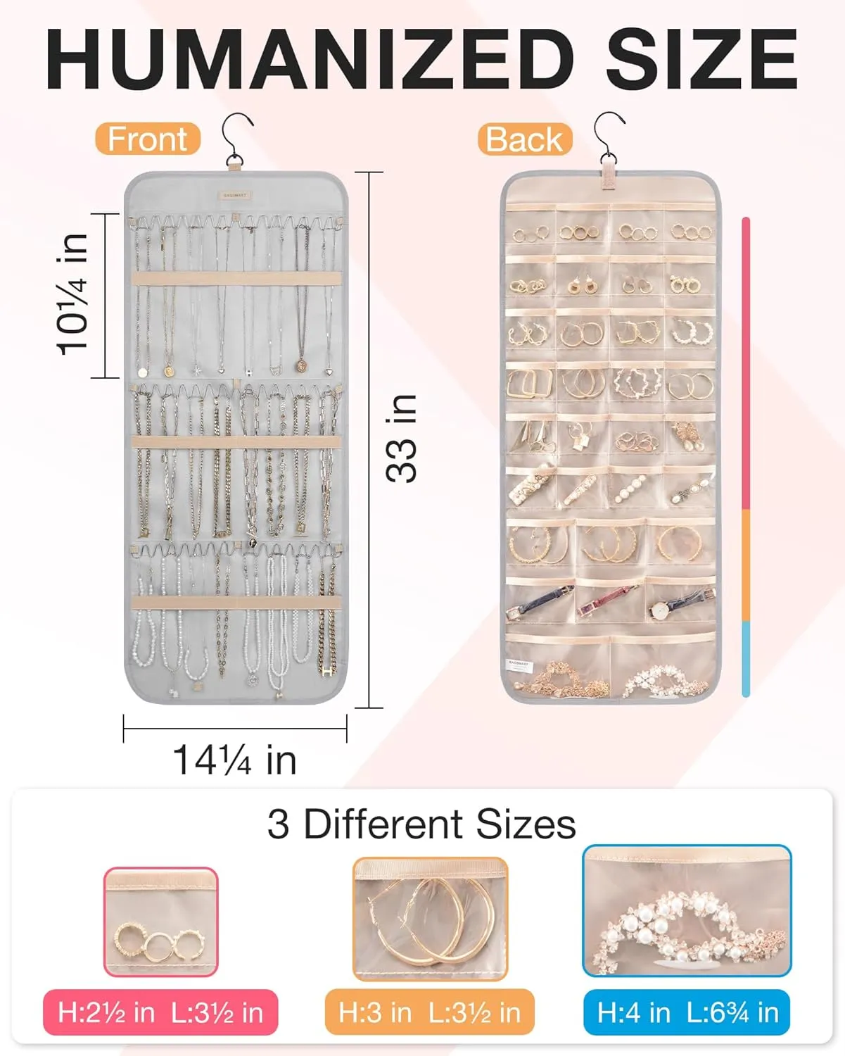 BAGSMART Hanging Jewelry Organizer Storage Roll with Hanger Metal Hooks Double-Sided Jewelry Holder for Earrings, Necklaces, Rings on Closet, Wall, Door, 1 piece, Large, Grey