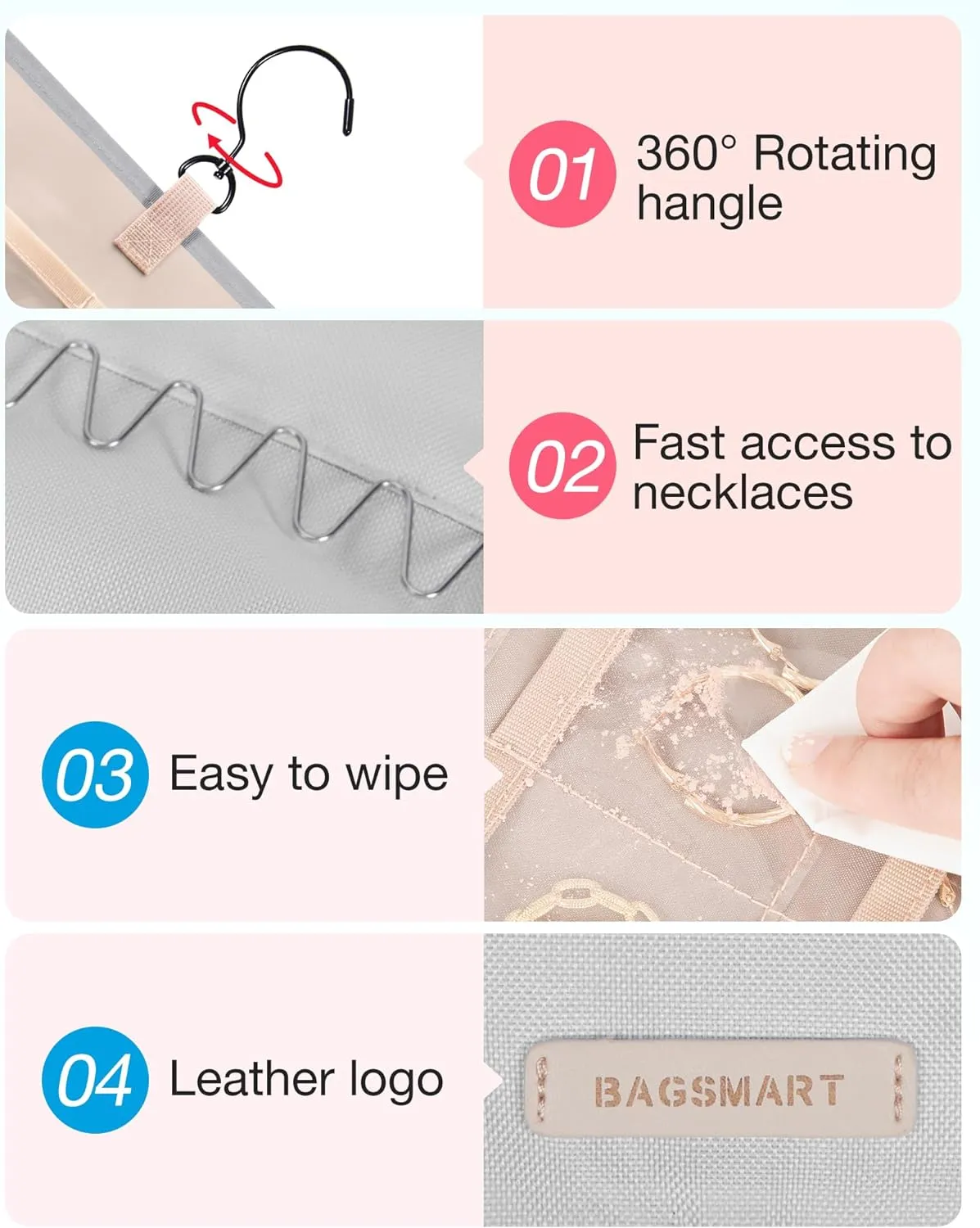 BAGSMART Hanging Jewelry Organizer Storage Roll with Hanger Metal Hooks Double-Sided Jewelry Holder for Earrings, Necklaces, Rings on Closet, Wall, Door, 1 piece, Large, Grey