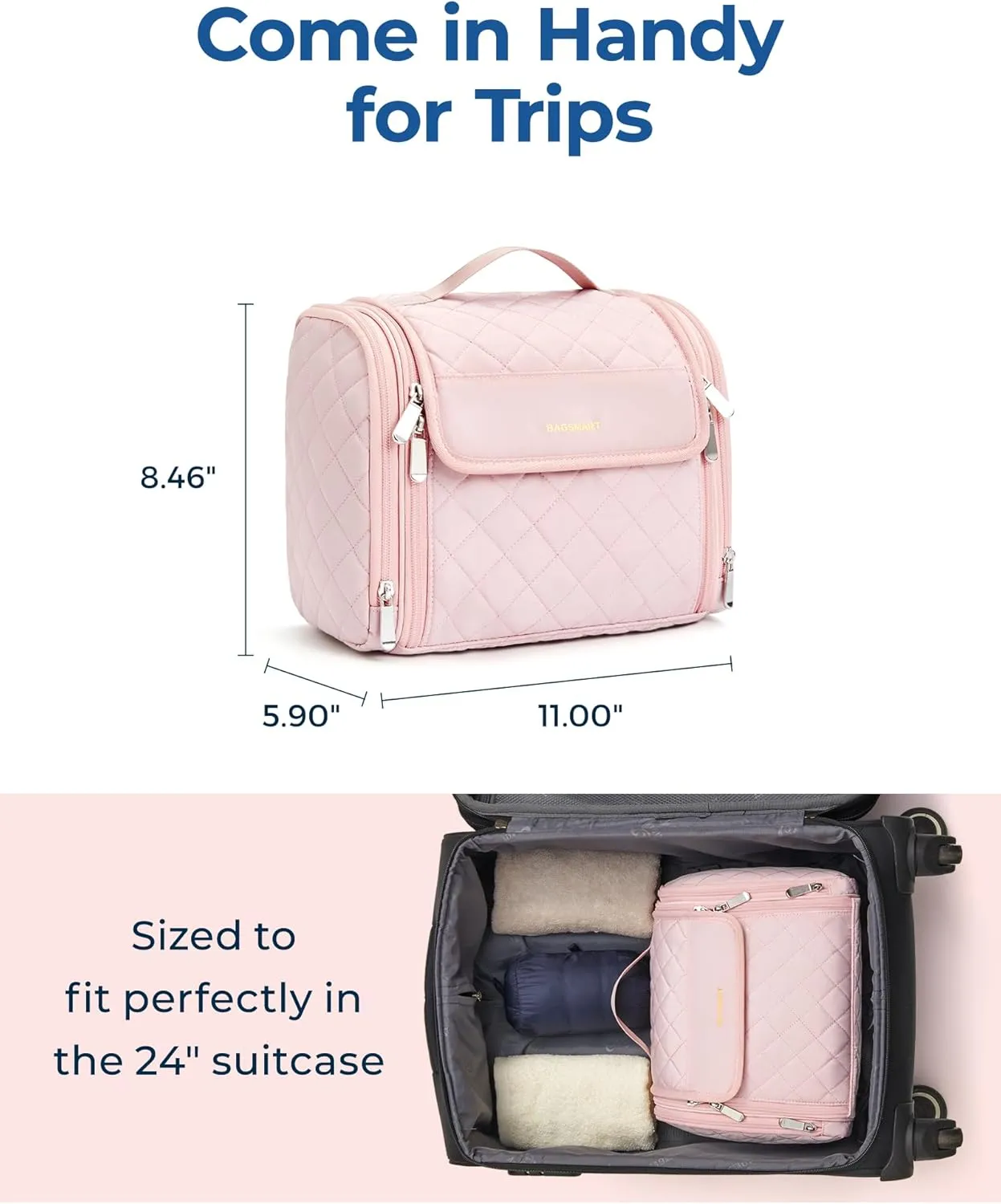 BAGSMART Makeup Bag for Women with Hanging Hook, Large Portable Capacity Water-resistant Organizer Travel Case for Toiletries and Cosmetics, Pink