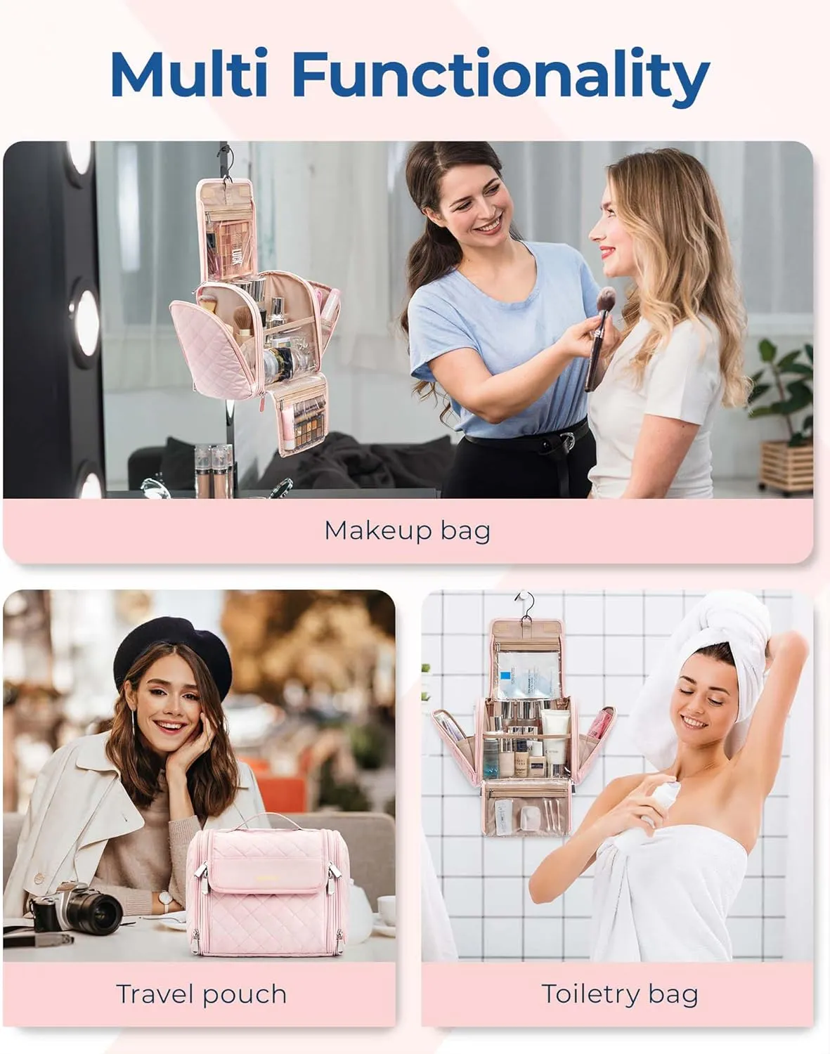 BAGSMART Makeup Bag for Women with Hanging Hook, Large Portable Capacity Water-resistant Organizer Travel Case for Toiletries and Cosmetics, Pink