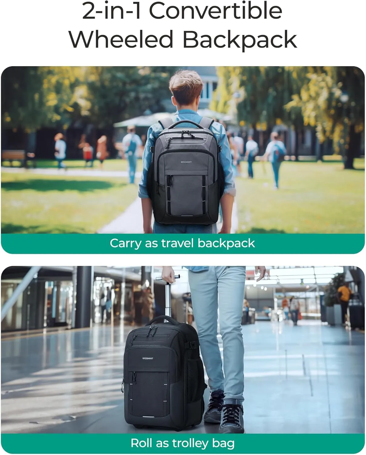 BAGSMART Rolling Backpack, 17 Inch Travel Laptop Wheeled Backpack, 40L Large Carry-On Luggage with Wheels for Men Women, Water-Resistant Overnight Work College Trolley Bag, Grey