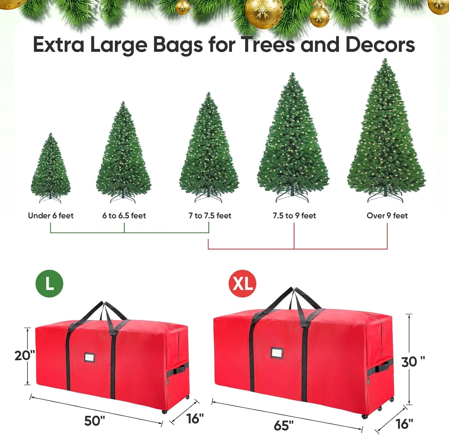 BALEINE 7.5 ft Rolling Christmas Tree Storage Bag, 2 Swivel Wheels for Easy Moving, Heavy Duty 600D Oxford Fabric Extra Large Artificial Christmas Tree Bag with Reinforced Carry Handles (Green)