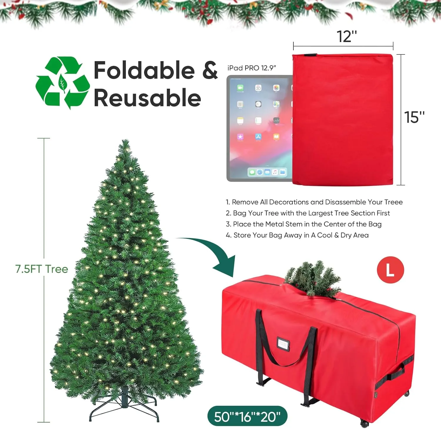 BALEINE 7.5 ft Rolling Christmas Tree Storage Bag, 2 Swivel Wheels for Easy Moving, Heavy Duty 600D Oxford Fabric Extra Large Artificial Christmas Tree Bag with Reinforced Carry Handles (Green)
