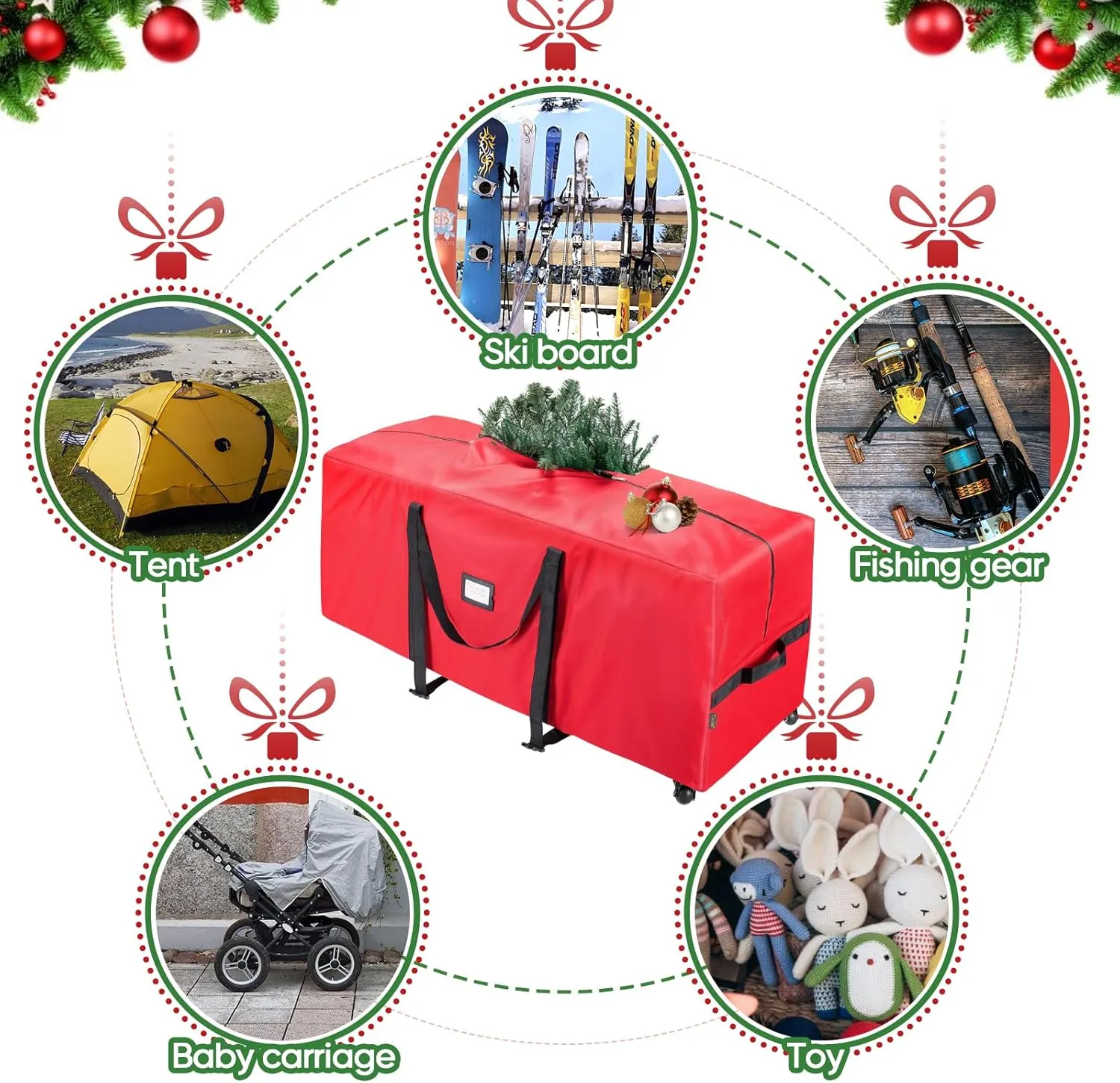 BALEINE 7.5 ft Rolling Christmas Tree Storage Bag, 2 Swivel Wheels for Easy Moving, Heavy Duty 600D Oxford Fabric Extra Large Artificial Christmas Tree Bag with Reinforced Carry Handles (Green)
