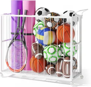 Ball Storage Bin Rolling Sports Ball Cart, Metal Garage Organizer Sport Rack, Ball Basket Storage, Ball Cage for Garage or Gym, Indoor & Outdoor Sports Equipment Organizer