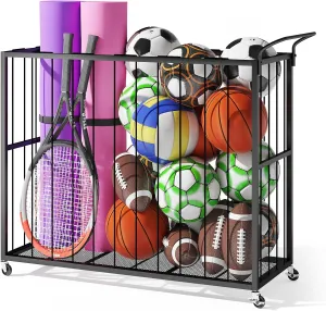 Ball Storage Bin Rolling Sports Ball Cart, Metal Garage Organizer Sport Rack, Ball Basket Storage, Ball Cage for Garage or Gym, Indoor & Outdoor Sports Equipment Organizer