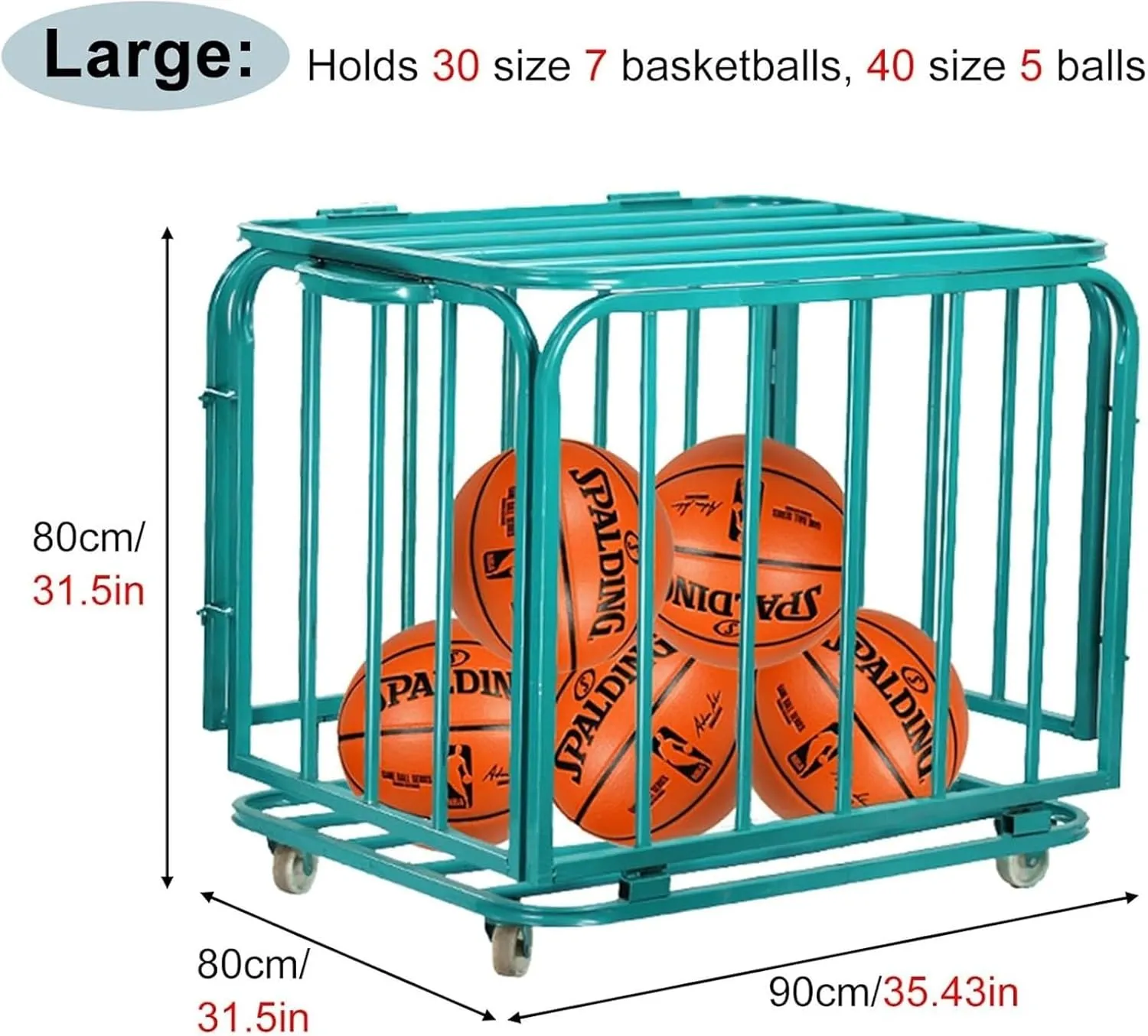 Ball Storage Cart，Rolling Sports Ball Cart， School Garage Basement Gym Sports Ball Storage Cart with Lockable Chain，(90x80x80cm)