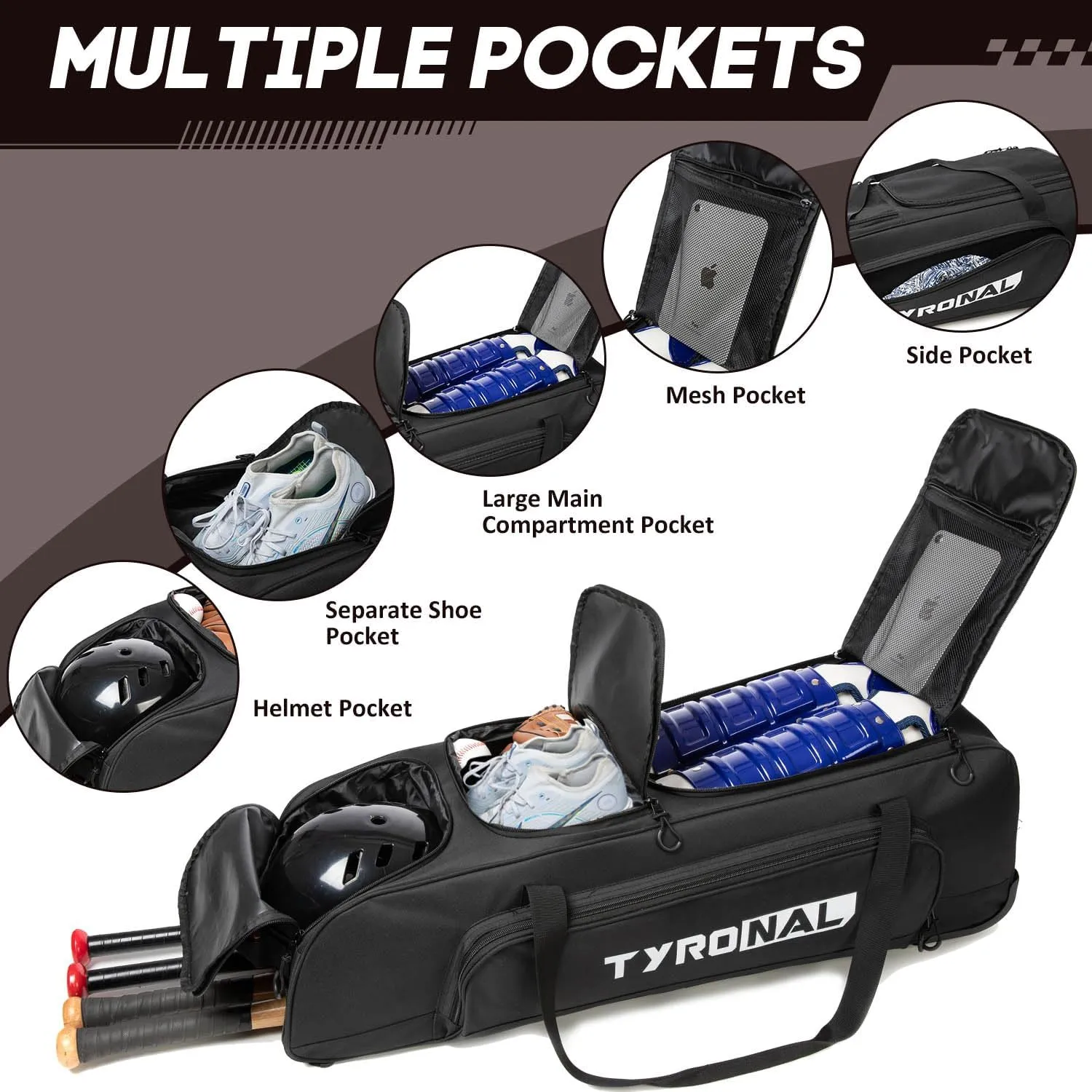 Baseball Bag with Wheels for 4 Bats,Soft Rolling Baseball Bag With Multi-Pockets, Fence Hook, Holds All Baseball Equipment.