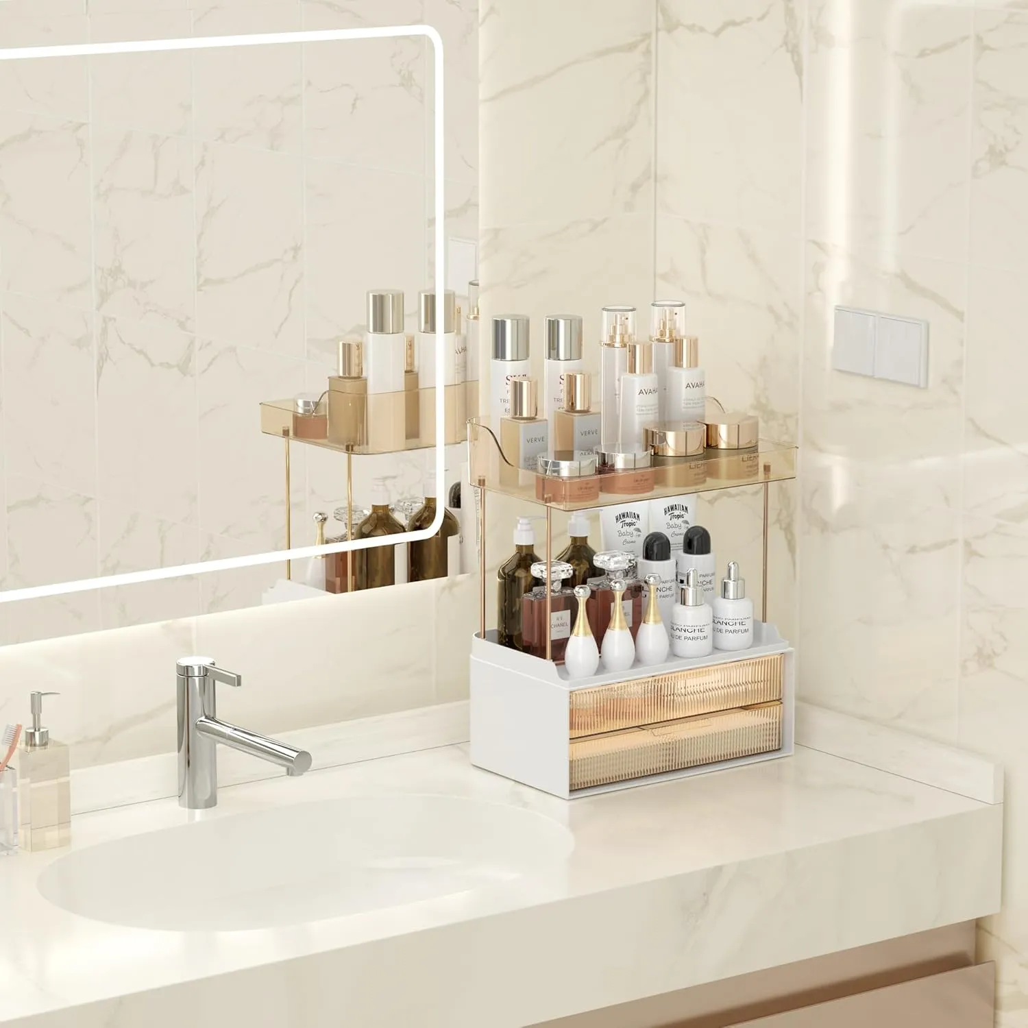Bathroom Counter Organizer with 2-Drawer, 3 Tier Makeup Organizer Countertop, Multi-Purpose Makeup Skin Care Organizer for Vanity, Amber