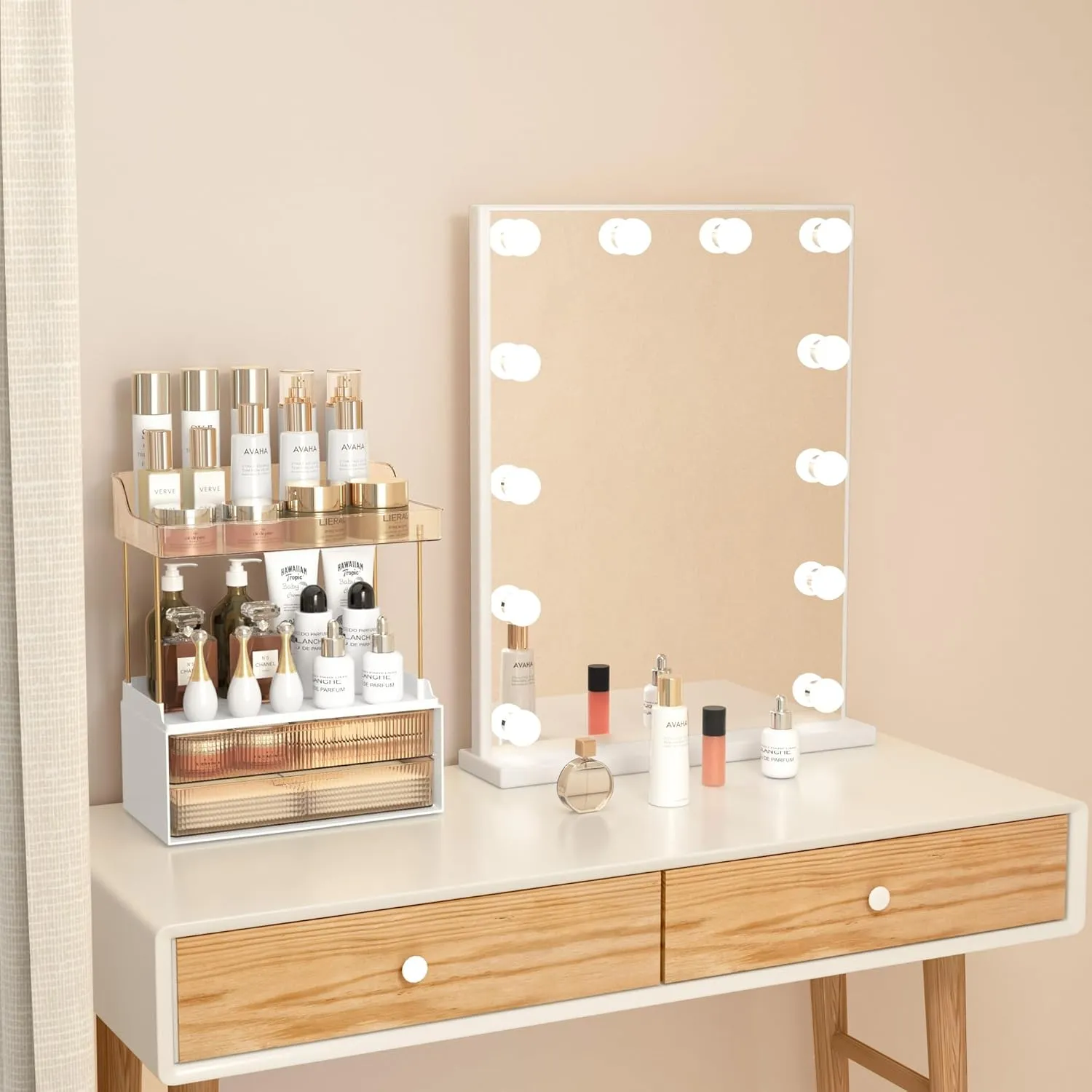 Bathroom Counter Organizer with 2-Drawer, 3 Tier Makeup Organizer Countertop, Multi-Purpose Makeup Skin Care Organizer for Vanity, Amber
