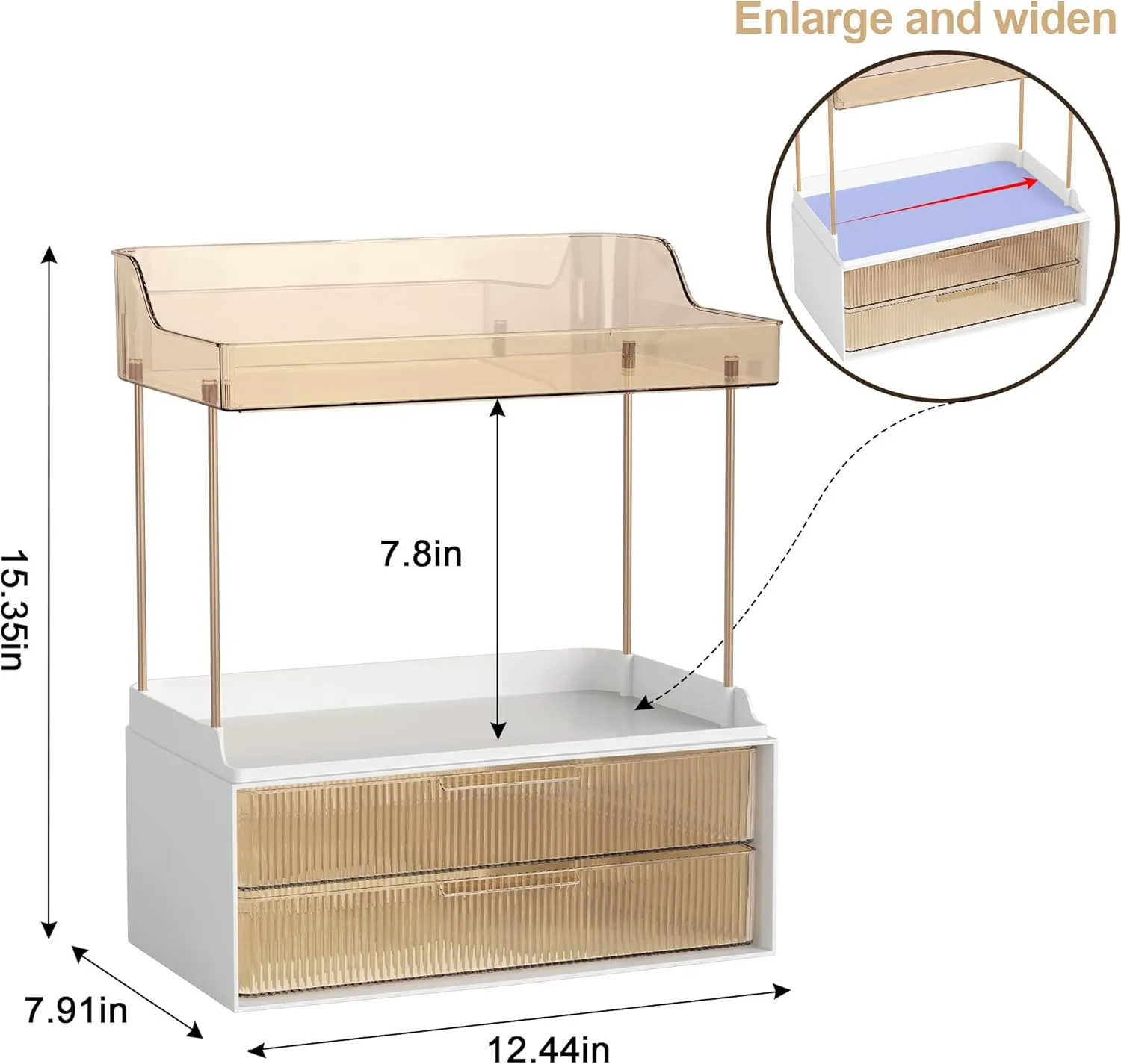 Bathroom Counter Organizer with 2-Drawer, 3 Tier Makeup Organizer Countertop, Multi-Purpose Makeup Skin Care Organizer for Vanity, Amber