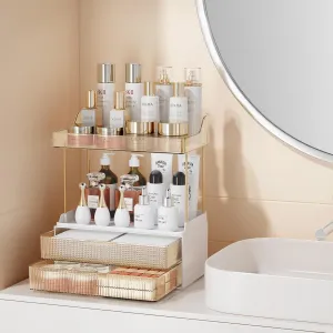Bathroom Counter Organizer with 2-Drawer, 3 Tier Makeup Organizer Countertop, Multi-Purpose Makeup Skin Care Organizer for Vanity, Amber