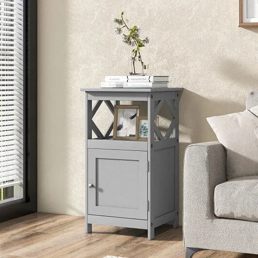 Bathroom Floor Cabinet Side Storage Organizer with Open Shelf and Single Door-Gr