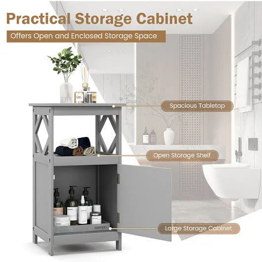 Bathroom Floor Cabinet Side Storage Organizer with Open Shelf and Single Door-Gr