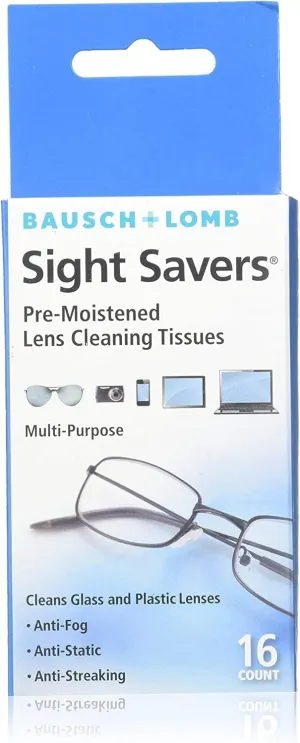 Bausch & Lomb Sight Savers Lens Cleaning Wipes, Pre-Moistened Tissues, Anti-Fog, Anti-Static, Anti-Streaking, Cleans Glass and Plastic, 16 Count (Pack of 12)