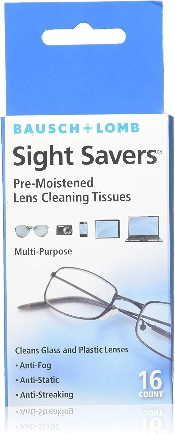 Bausch & Lomb Sight Savers Lens Cleaning Wipes, Pre-Moistened Tissues, Anti-Fog, Anti-Static, Anti-Streaking, Cleans Glass and Plastic, 16 Count (Pack of 12)