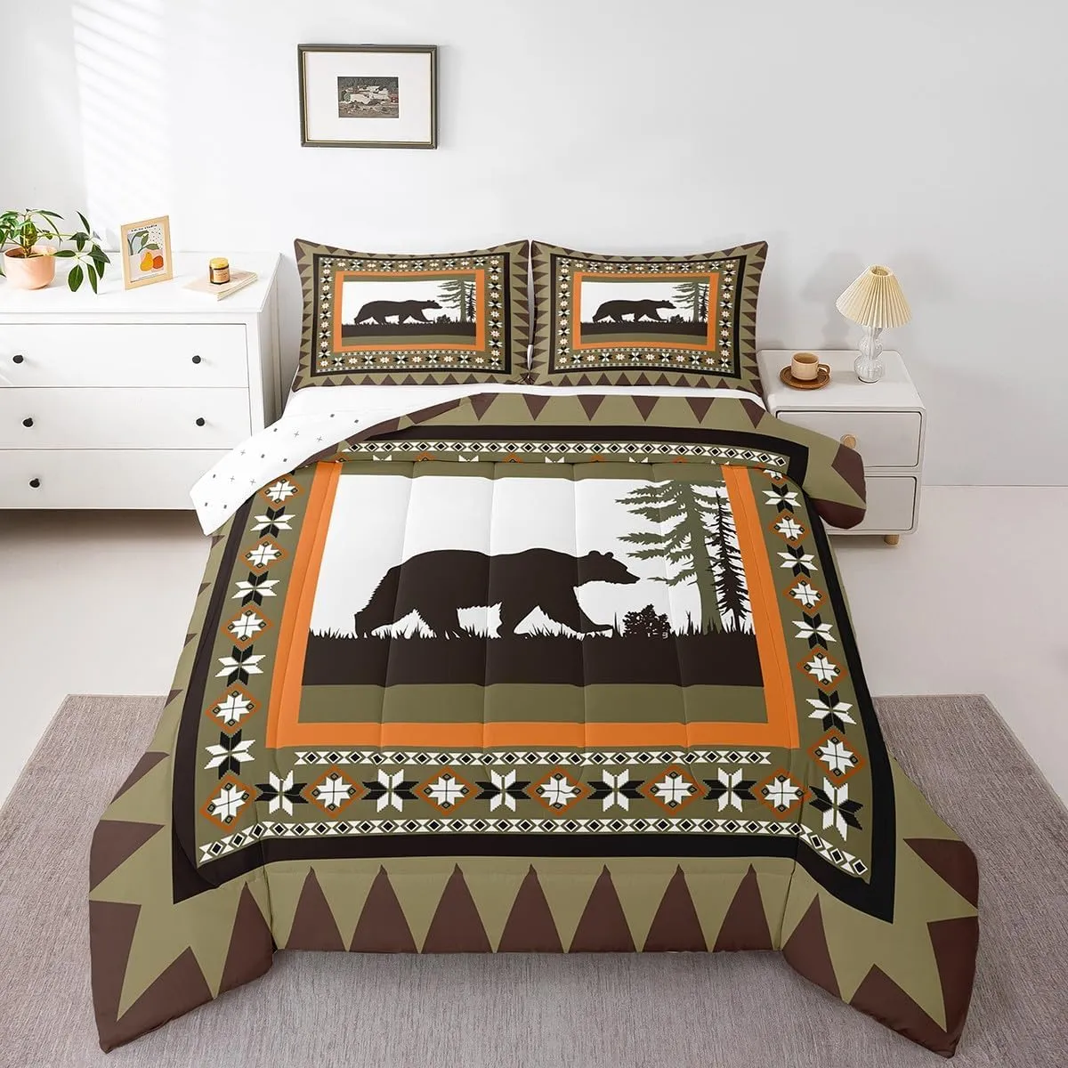 Bear Country Bedding Comforter Sets, Rustic Farmhouse Comforter Set Queen & 2 Pillow Cases Hunting Wildlife Wild Animal Down Comforter Boho Western Tribal Quilt For Kids Teens Adult Women Bedroom