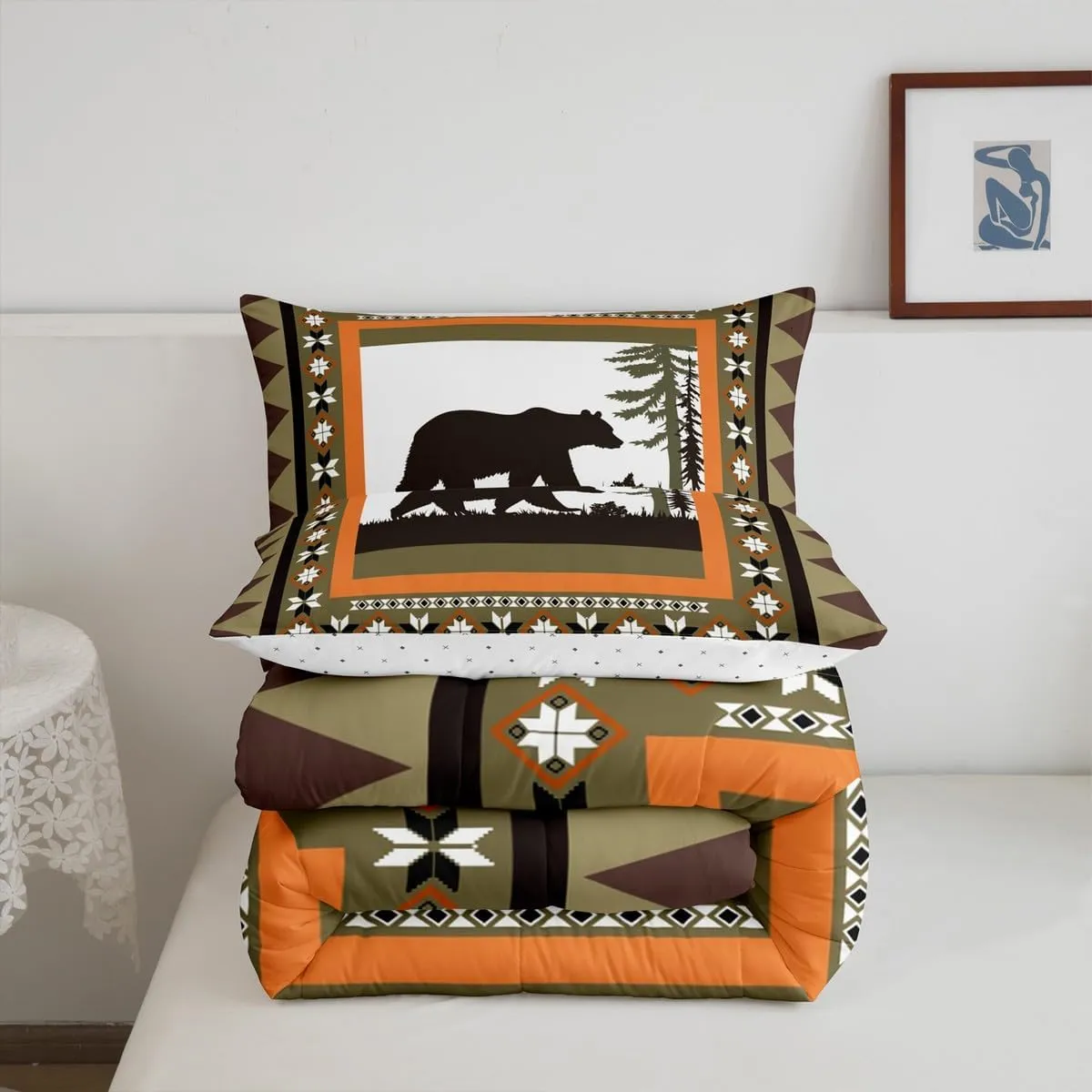 Bear Country Bedding Comforter Sets, Rustic Farmhouse Comforter Set Queen & 2 Pillow Cases Hunting Wildlife Wild Animal Down Comforter Boho Western Tribal Quilt For Kids Teens Adult Women Bedroom