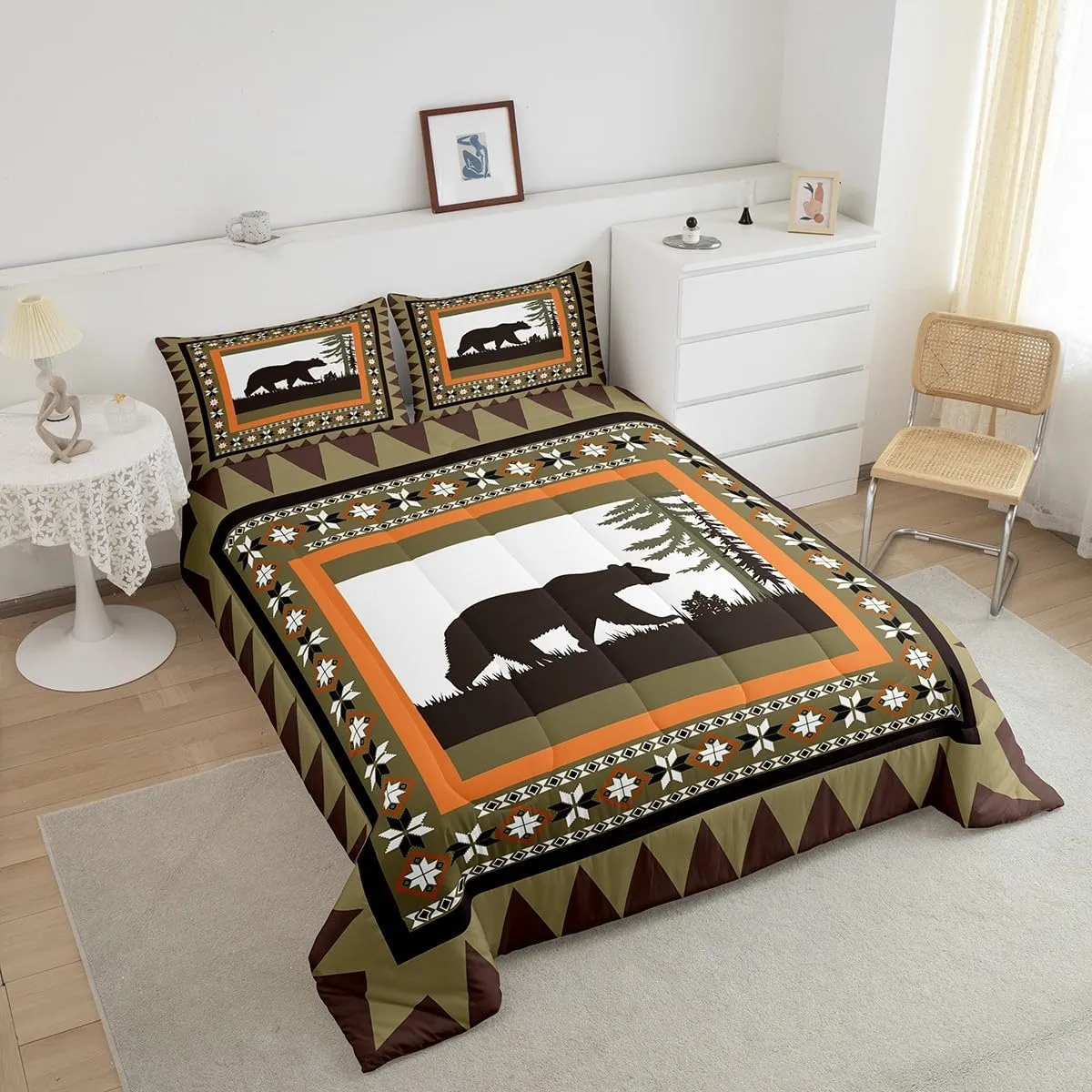 Bear Country Bedding Comforter Sets, Rustic Farmhouse Comforter Set Queen & 2 Pillow Cases Hunting Wildlife Wild Animal Down Comforter Boho Western Tribal Quilt For Kids Teens Adult Women Bedroom