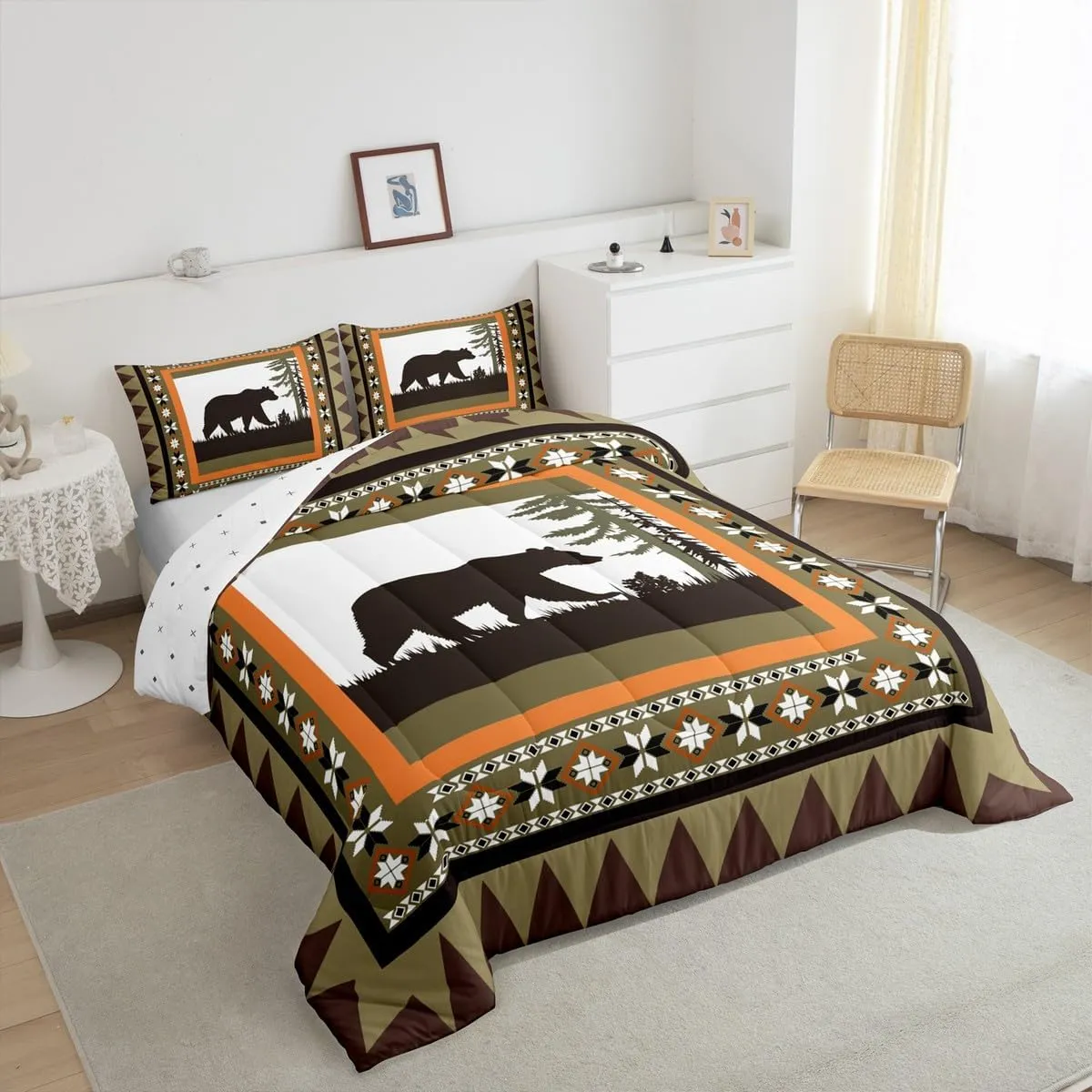 Bear Country Bedding Comforter Sets, Rustic Farmhouse Comforter Set Queen & 2 Pillow Cases Hunting Wildlife Wild Animal Down Comforter Boho Western Tribal Quilt For Kids Teens Adult Women Bedroom