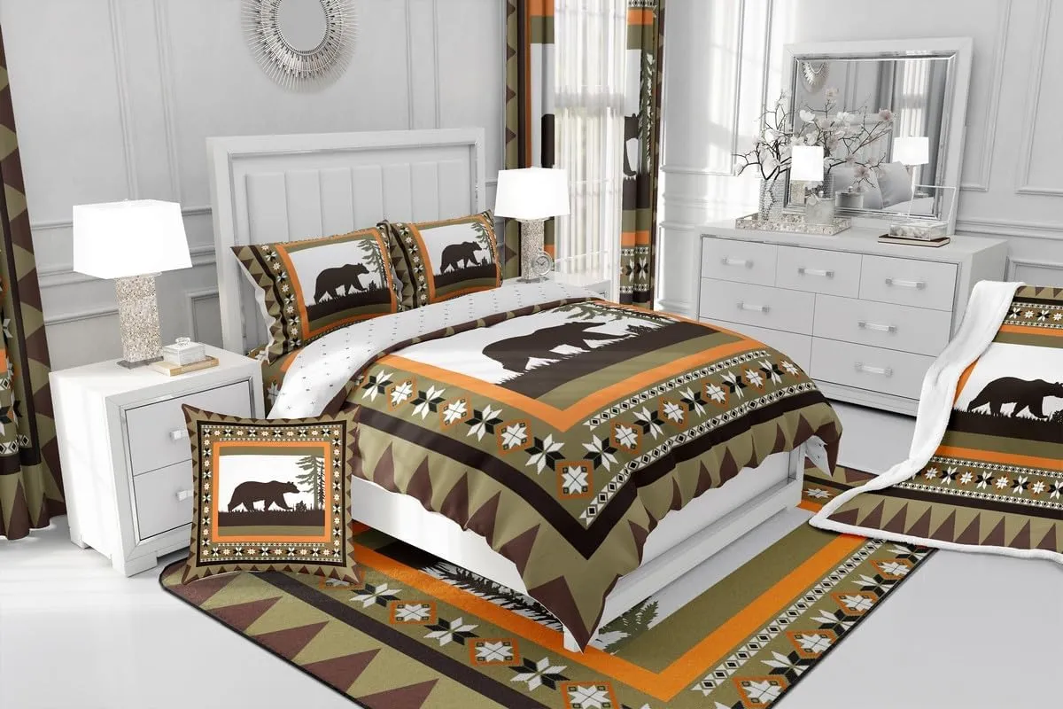 Bear Country Bedding Comforter Sets, Rustic Farmhouse Comforter Set Queen & 2 Pillow Cases Hunting Wildlife Wild Animal Down Comforter Boho Western Tribal Quilt For Kids Teens Adult Women Bedroom